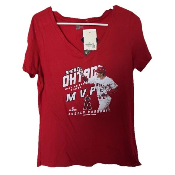 New Era Tops - New Era Shohei Ohtani Los Angeles Angels MVP Women’s V Neck Large Red Tshirt NWT